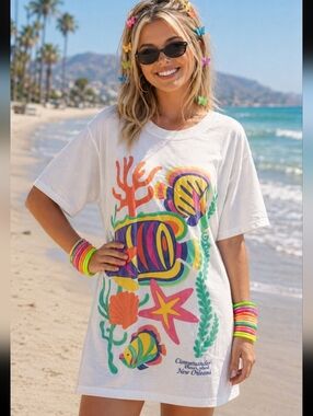 Vtg 90 Ocean Pacific Colorful Embroidered Ocean Aquarium T Shirt Coverup/ Tunic